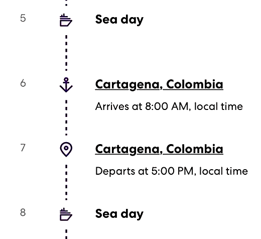 Original itinerary list in the Virgin Voyages app