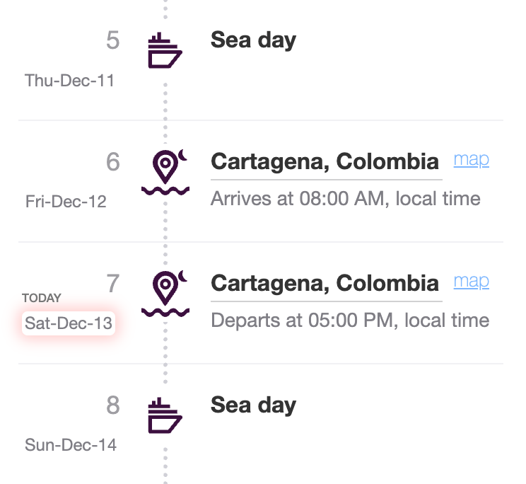 Redesigned itinerary list showing weekday/date, a Today highlight, and map links